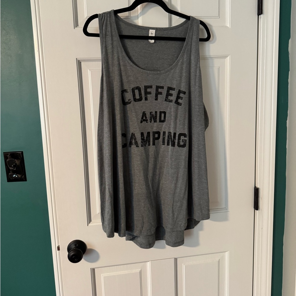Gray Tank Top with 'Coffee and Camping' Print